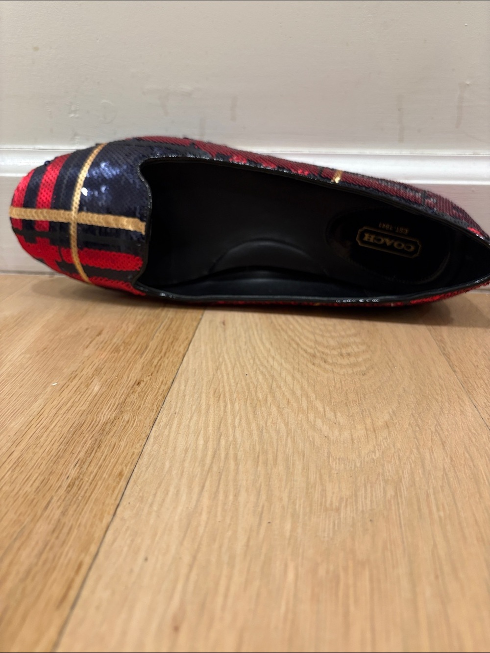Coach Sequined Plaid Flats in Red, Black & Gold - Picture 3 of 7